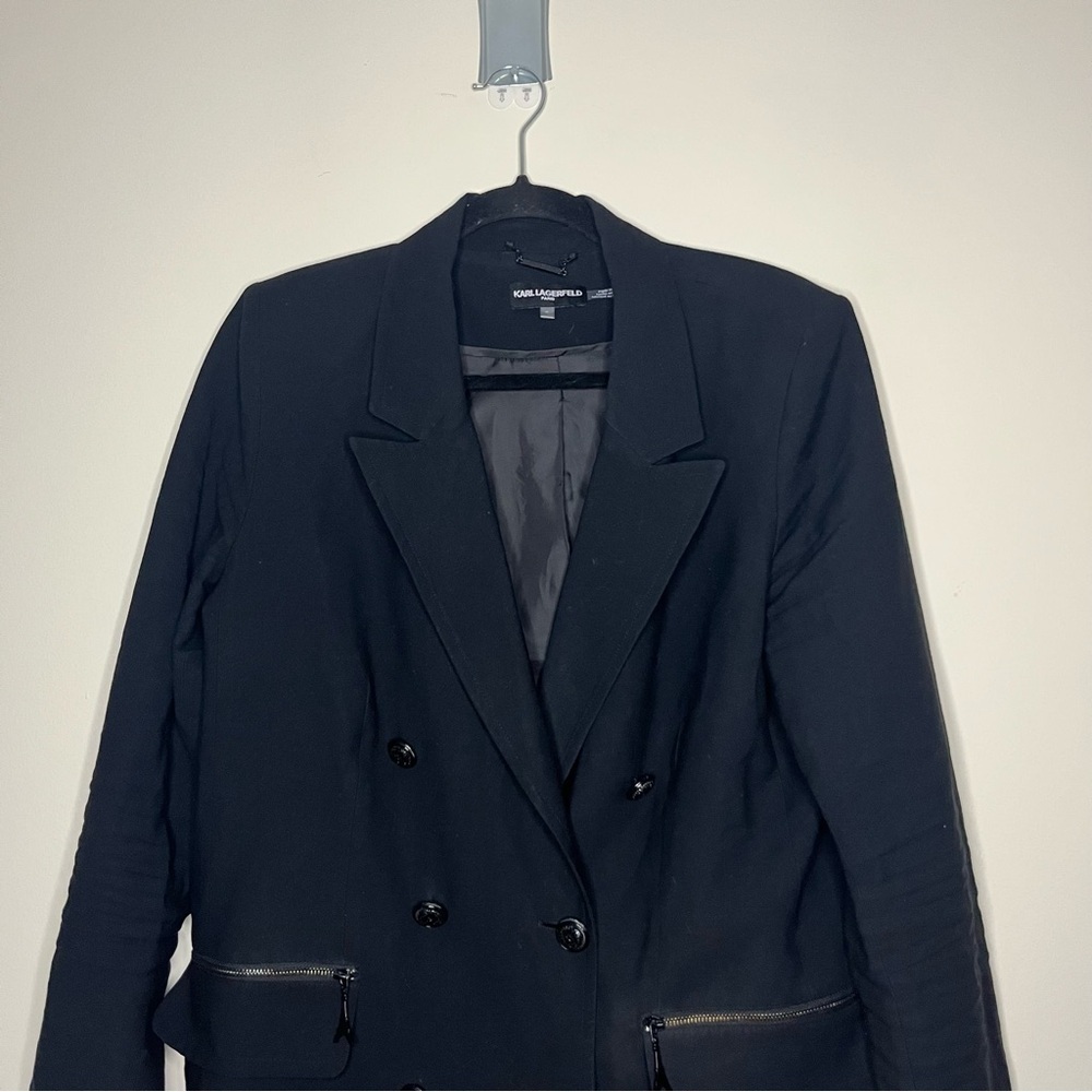KARL LAGERFELD Zip Pocket Dark Academia Preppy Double Breasted Longlined Blazer - Picture 8 of 12